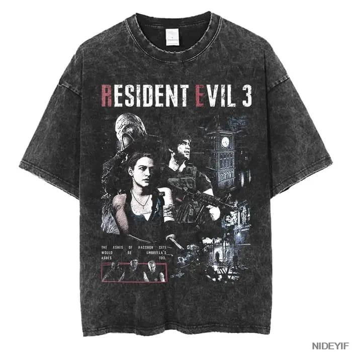 T-shirt rétro délavé avec motif imprimé Biohazard des années 1990