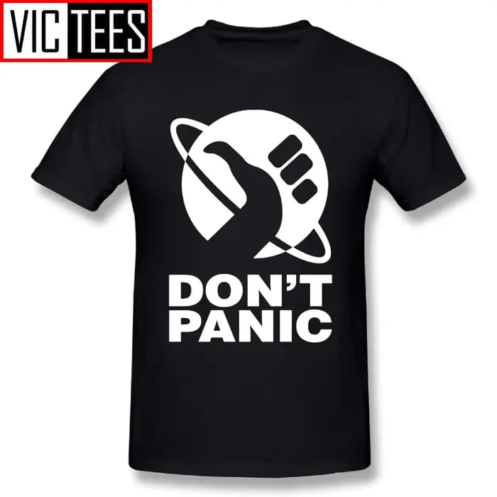 T-shirt imprimé Don't Panic pour homme, col ras du cou, logo The Hitchhikers Guide to The Galaxy, co