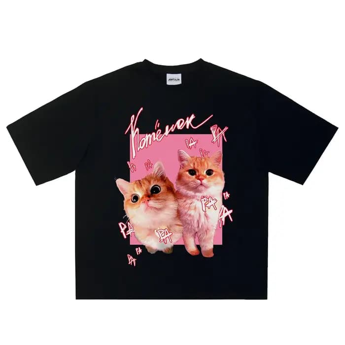 T-shirt à Manches Courtes en Coton pour Homme, Vêtement Streetwear, Graphique Kitten ra, Imprimé Ros