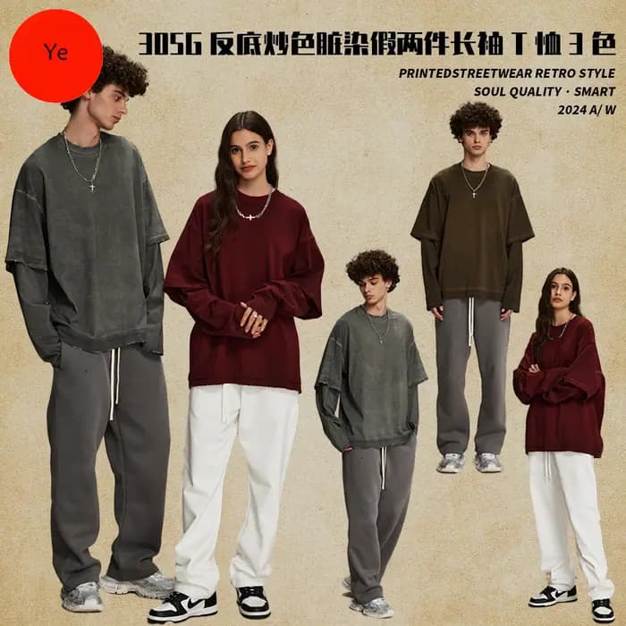 Faux deux T-shirts à manches longues sales, teints et usés