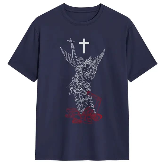 T-shirt Saint Michel l'archange vainquant Satan Warrior Faith, t-shirt drôle en coton pour hommes, col rond, vêtements à manches courtes