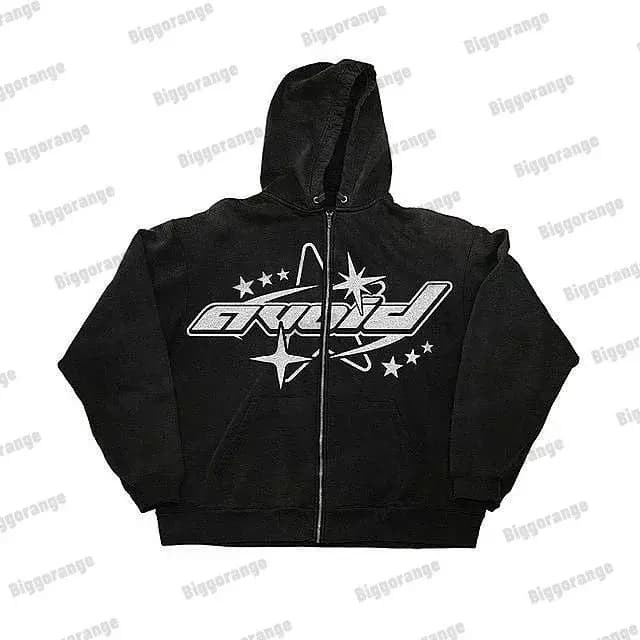 Sweat à capuche zippé brodé Y2K Gothique pour Hommes et Femmes, Noir délavé vintage, style Grunge St
