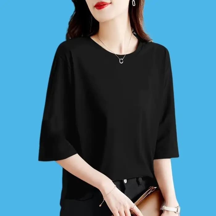 T-shirt à manches 7-quarts en pur coton pour femmes, haut ample, fin, couleur unie, col rond, Base p
