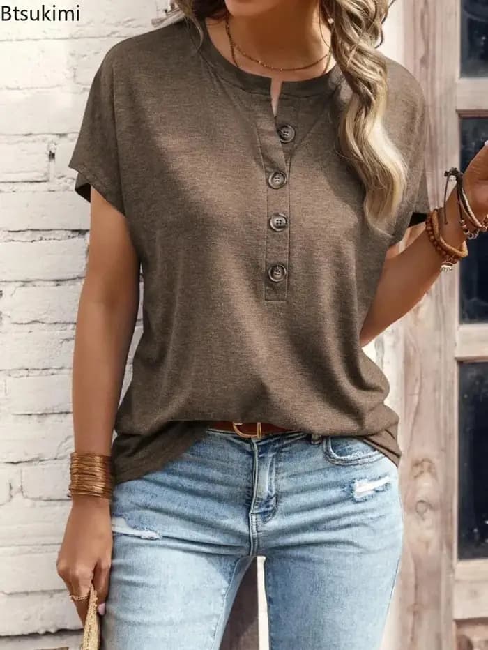 T-shirts décontractés amples à manches courtes et boutons de couleur unie pour femmes