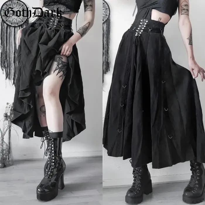 Goth Dark Acubi mode noir Swing a-ligne jupe Punk Grunge métal boucle Streetwear femmes bandes jupes centre commercial gothique Alt tissu