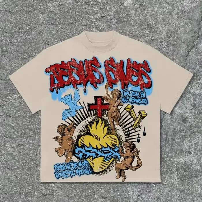 Vintage jésus sauve ange imprimé graphique coton T-Shirt hommes Y2K été manches courtes décontracté