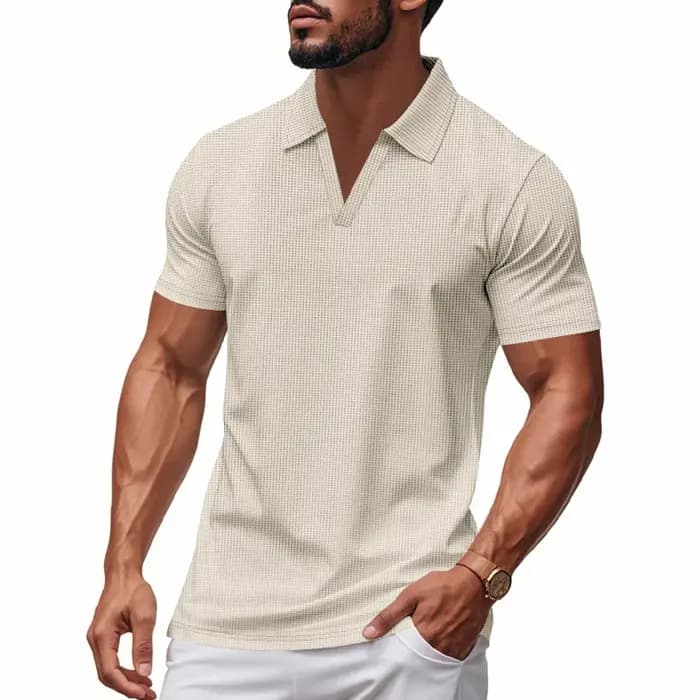 T-shirt Homme Slim Fit Style Américain Décontracté Col Henley Manches Courtes Élastique Col en V Hau