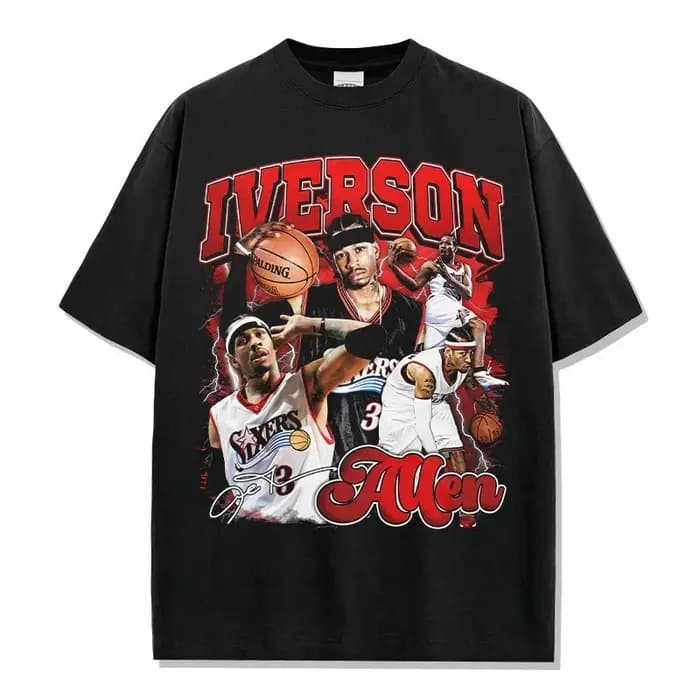 T-shirt vintage à col rond surdimensionné en coton délavé avec graphique de l'icône du basketball Al