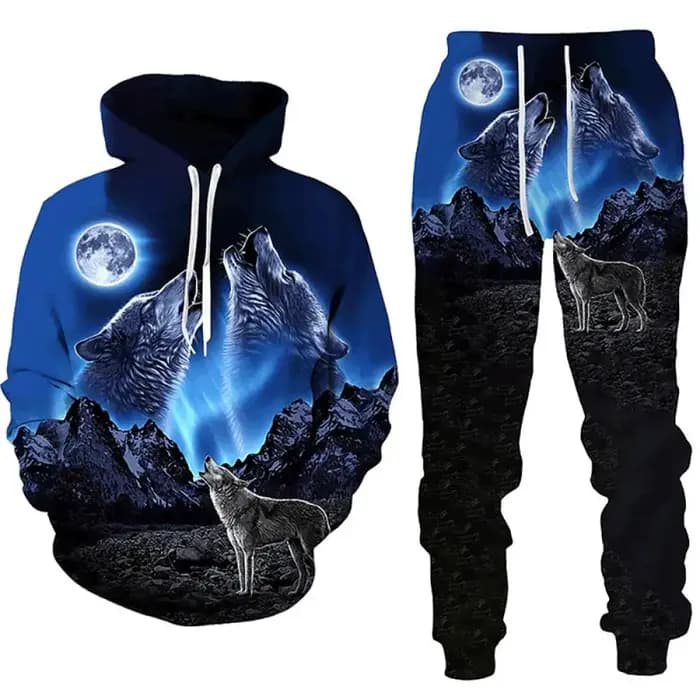 Loup Animal impression 3D sweats à capuche pantalon ensemble hommes automne