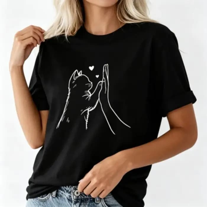 T-shirt, T-shirt graphique avec motif de chat mignon et de main en forme de cœur