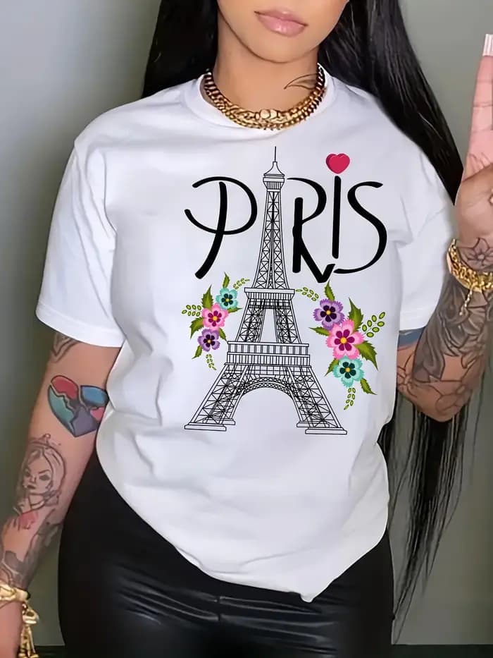 Paris Tour Eiffel imprimé col rond t-shirt style décontracté pour l'été printemps femmes vêtements e