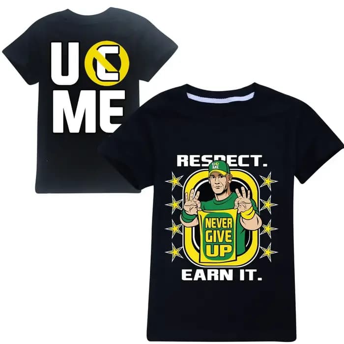 T-shirt noir pour enfants avec motif double face John Cena « Never Give Up » – Design « U Cant See Me » – Manches courtes – Pour garçons