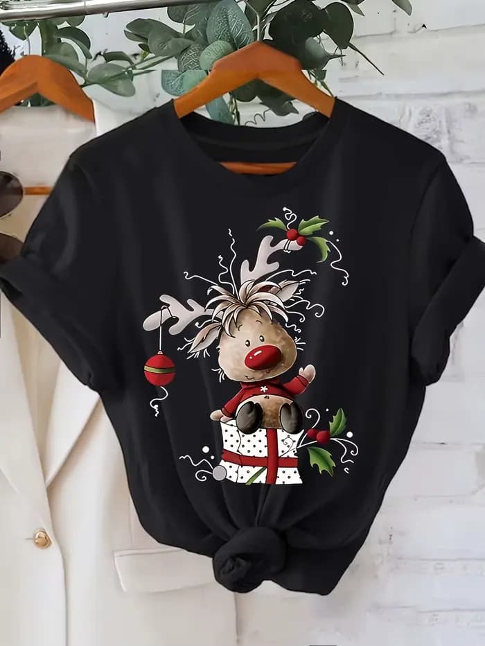 100% coton T-Shirt femmes noël graphique imprimé T-Shirt à manches courtes col rond haut décontracté
