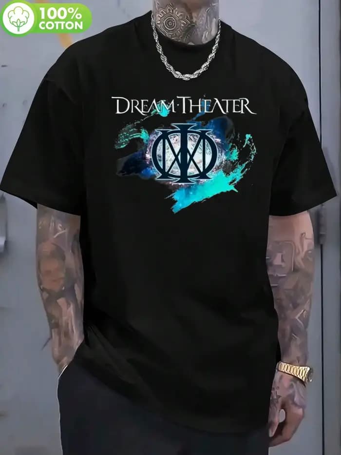 T-shirt avec logo Dream Theater Progress, avec un logo unique dégradé bleu-vert, T-shirt à manches c