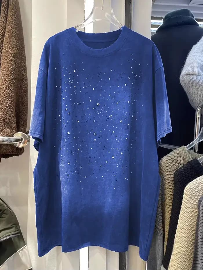 Rétro lavé strass T-shirt été femmes col rond manches courtes surdimensionné t-shirts femme mode hauts amples