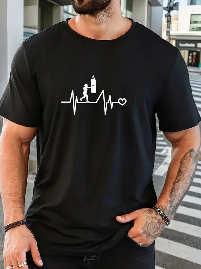 T-shirt court décontracté à col rond et motif de sport de boxe pour hommes