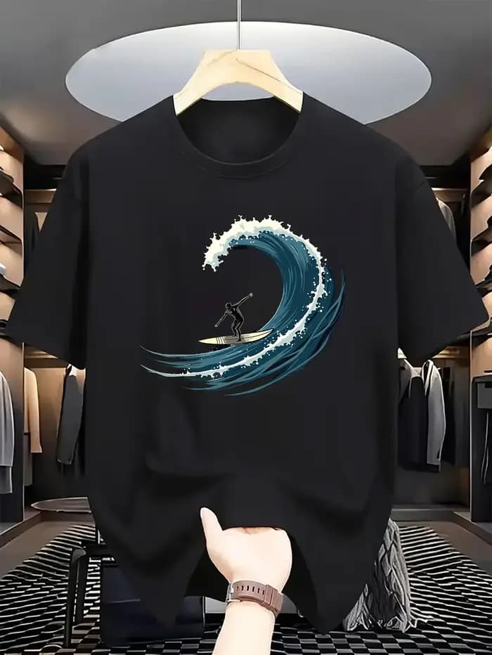 T-shirt graphique de Surf pour hommes, bleu avec vague blanche, Design imprimé de surfeur, col rond