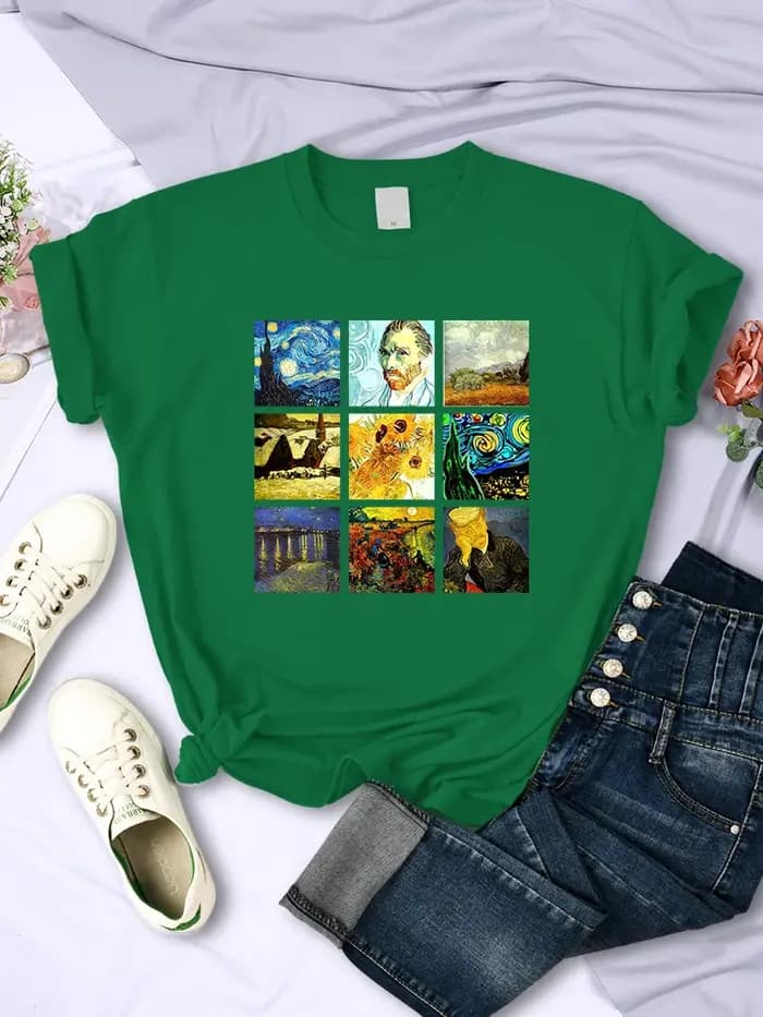 Van Gogh fonctionne Sanskrit imprimé femmes hauts respirant décontracté t-shirts mode été à manches courtes