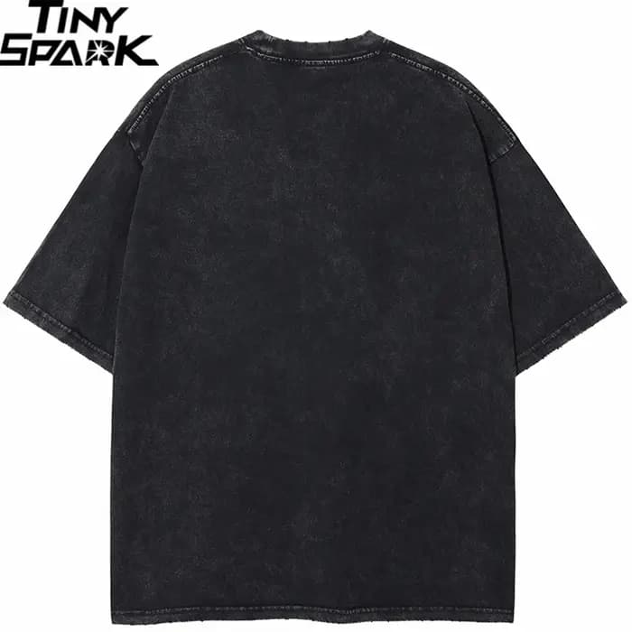 Hommes Hip Hop Streetwear T-Shirt lavé noir déchiré rétro Vintage Double visages graphique