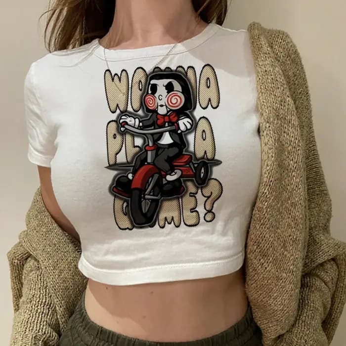 Film scie tête d'horreur torture streetwear yk2 hippie crop top fille années 90 gothique vintage