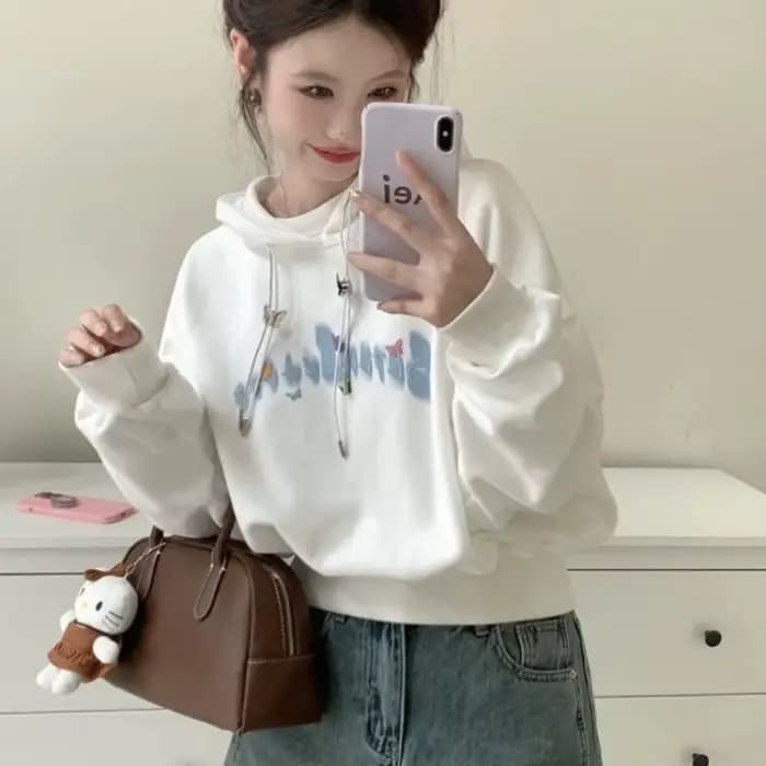 Femme hauts à capuche polaire Emo esthétique essentiel concepteur coréen Streetwear Y2k 2000s Style graphique sweat
