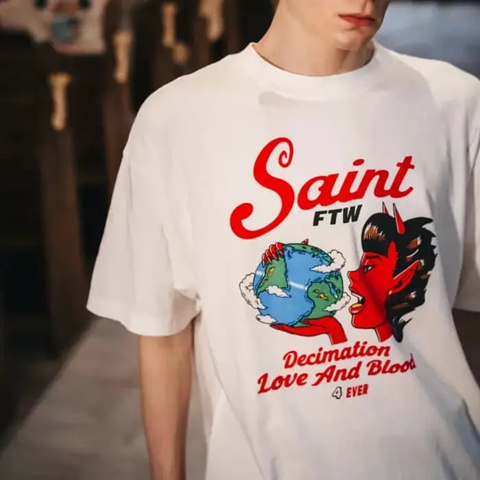 High Street Red Devil Letters Logo imprimé Saint T-Shirt haute qualité coton Vintage blanc