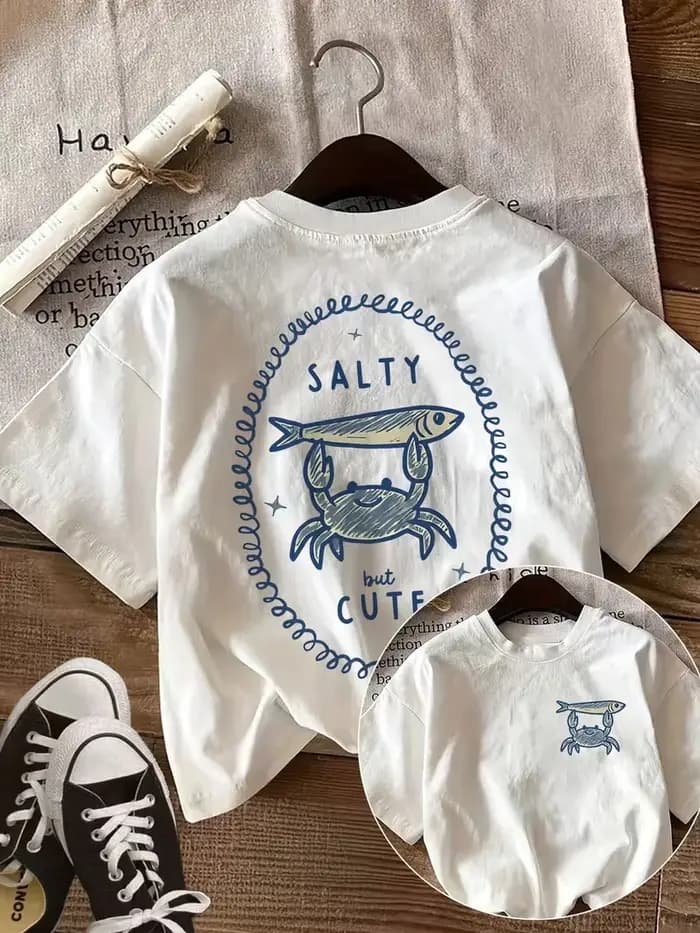 T-shirt à manches courtes pour femme avec motif de crabe et de poisson salés mais mignons