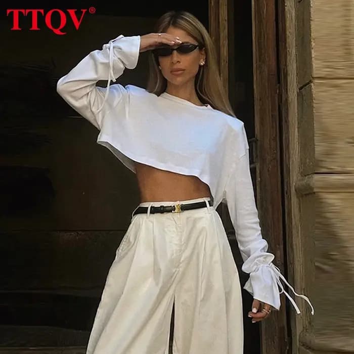 TTQV mode ample blanc coton femmes chemise décontracté col rond à manches longues dame chemise éléga