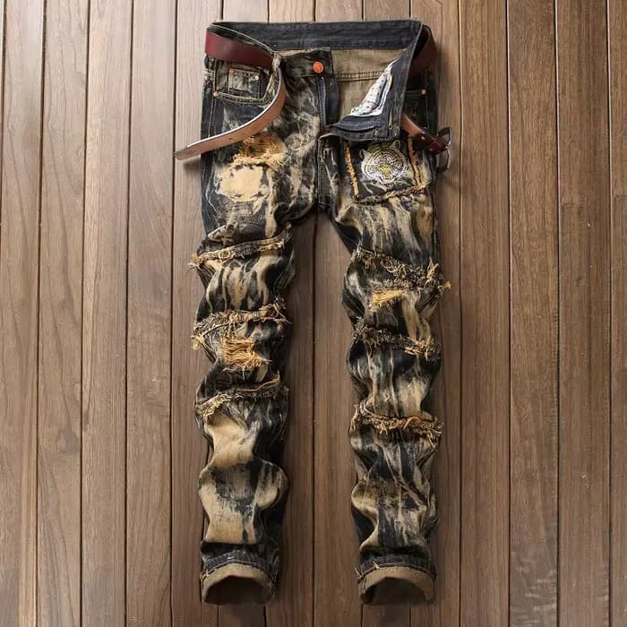 Jean droit vintage américain pour hommes, avec détails DistMurcia Rip, patchwork et coupe fuselée de