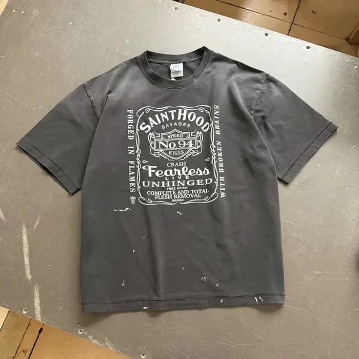 Vintage lavé noir Streetwear Saint capuche T-Shirt hommes femmes surdimensionné ange crâne amour imprimé Splash-encre
