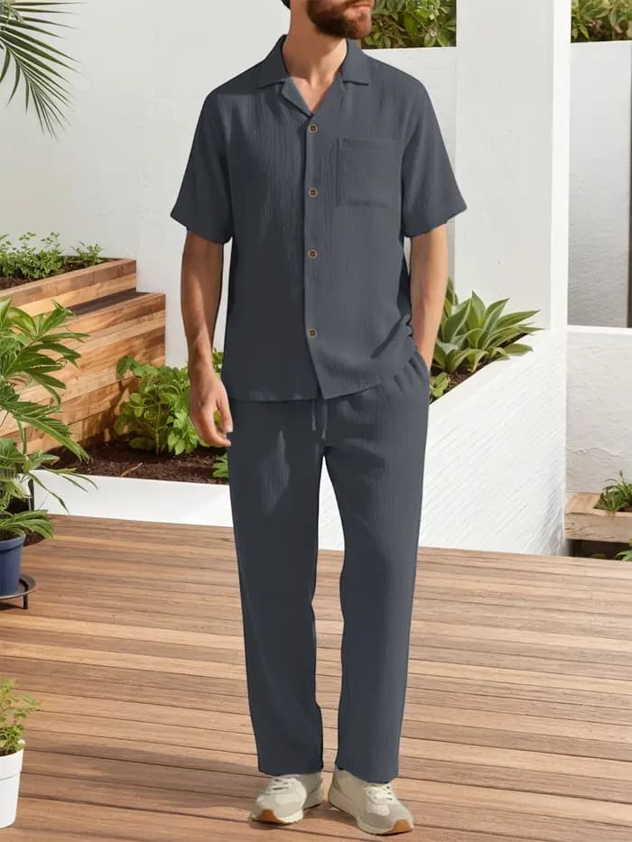 Ensembles décontractés deux pièces pour hommes – Hauts à revers à manches courtes et pantalons longs de couleur unie –