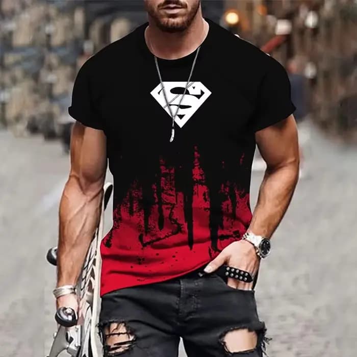 T-shirt d'été pour hommes, motif Superman, multicolore, col rond, mode streetwear, style masculin