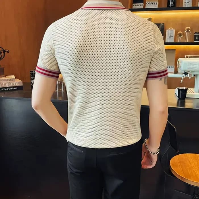 Polo en tricot pour homme à manches courtes, col ouvert, avec rayures contrastées, respirant, en fibre de bambou, style décontracté streetwear