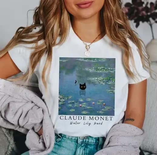 WATER LILY POND T-shirt natation chat noir chemise Art amant cadeau Monet inspiré chemise Waterlily