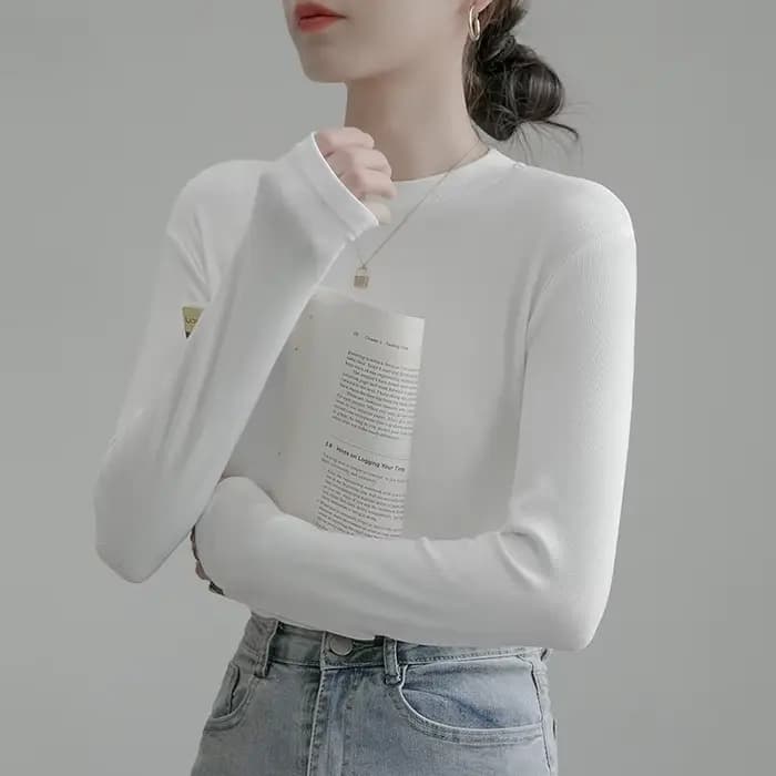 T-shirt à manches longues en coton blanc pour femme, vêtement de couleur pure, sans doublure