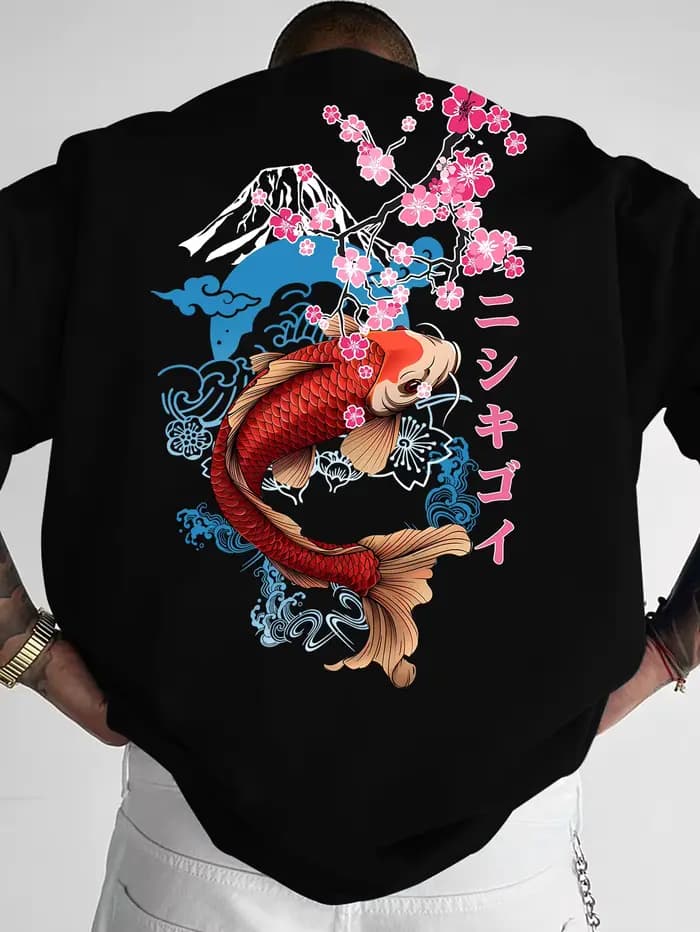 T-shirt à imprimé graphique Sakura et poisson Koi pour homme