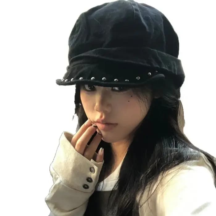 Nouveau Béret Gothique Clouté Noir Uni avec Rivets – Casquette Hip Hop Réglable à Calotte Plate pour Femme