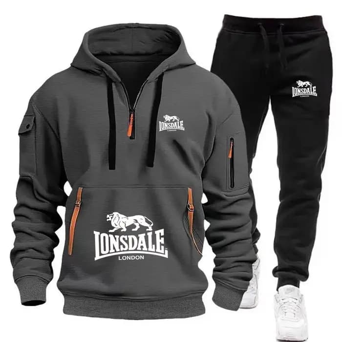 Nouvel ensemble de survêtement polaire LONSDALE automne-hiver 2026 pour homme : sweat à capuche avec poche kangourou et pantalon de sport deux pièces
