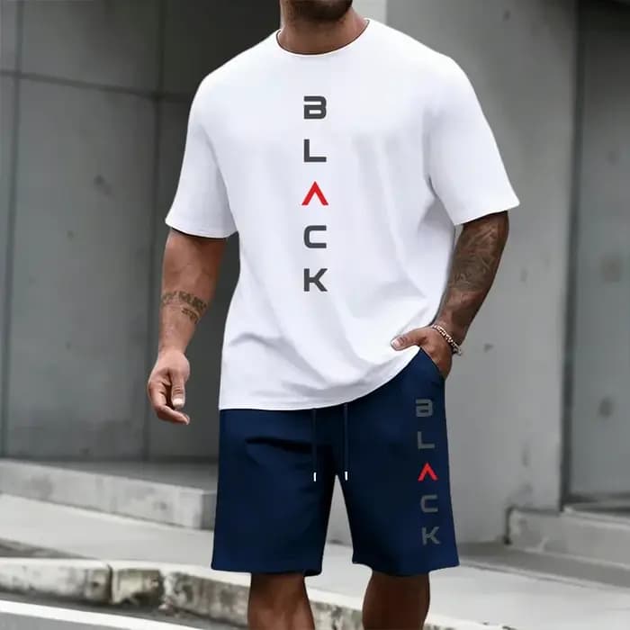 Ensemble T-shirt et short imprimé lettres noires pour homme – Tenue décontractée sportive d'été à manches courtes – Mode urbaine Streetwear