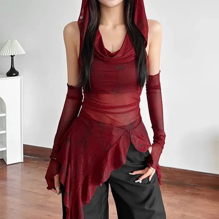 Goth Dark Streetwear années 90 Grunge Mesh Transparent Hauts à capuche Cyber Y2K Ourlet irrégulier Volants Sweat