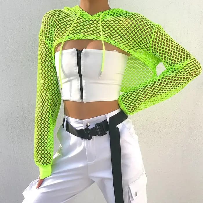 T-shirt en résille à manches longues pour femmes, style de rue, transparent, évider, à capuche, haut court, chemise adt décontractée, smock d'automne