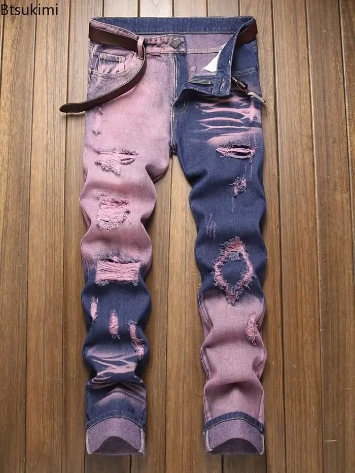 Nouveau jean rétro homme déchiré jambe droite pantalon