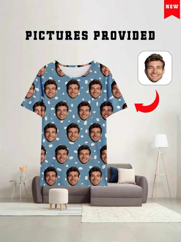 T-Shirt à Manches Courtes et Col Rond pour Homme, Impression Faciale Personnalisée en 3D, Image Comp