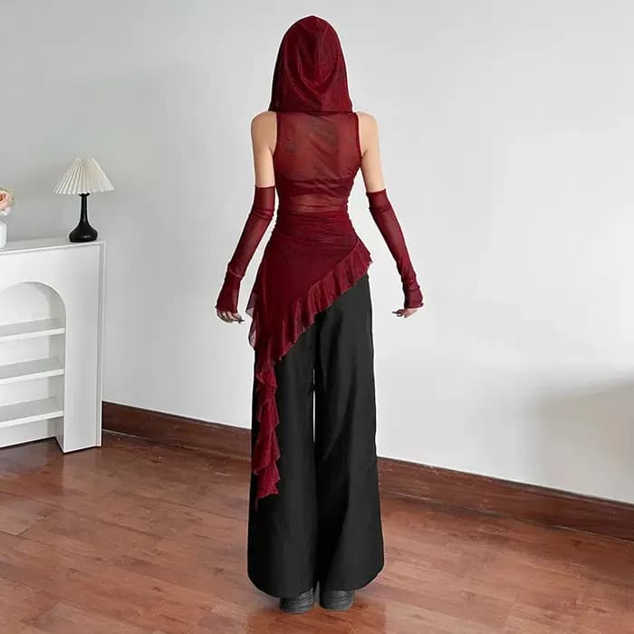 Goth Dark Streetwear années 90 Grunge Mesh Transparent Hauts à capuche Cyber Y2K Ourlet irrégulier Volants Sweat