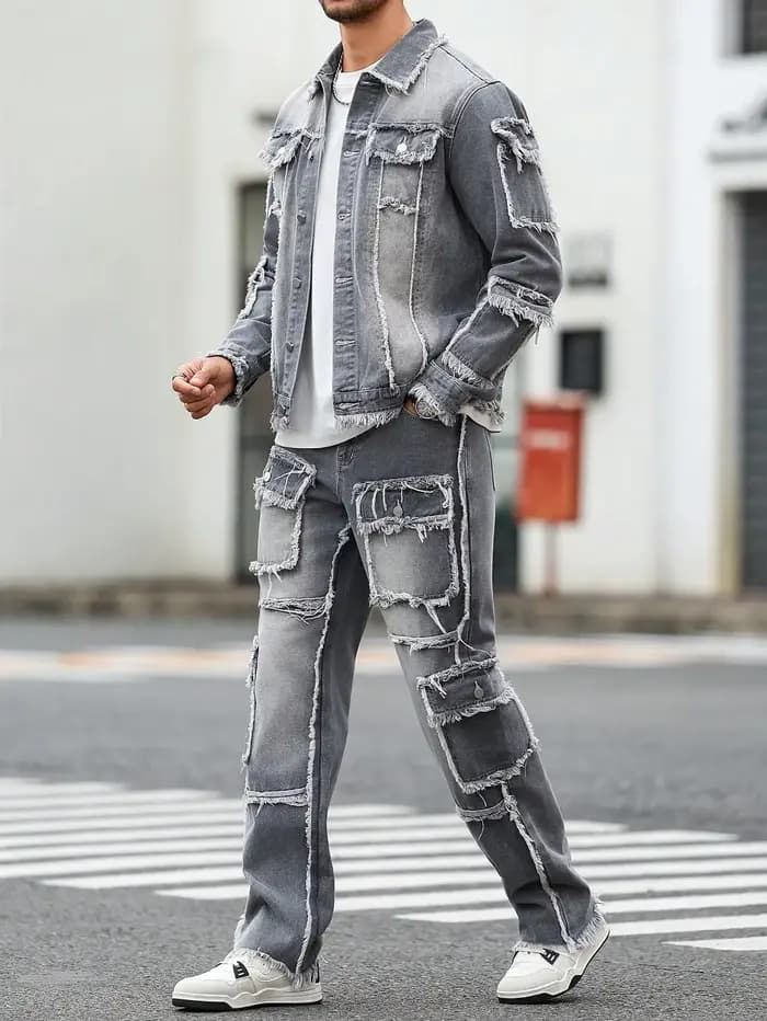 Ensemble en denim gris délavé à ourlet brut, style streetwear pour homme, un ensemble minimaliste et