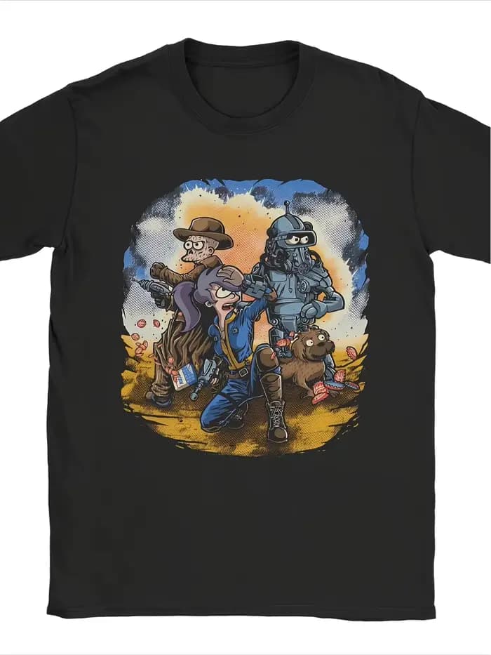 T-shirt graphique pour homme sur le thème du jeu vidéo Fallout, avec personnages post-apocalyptiques