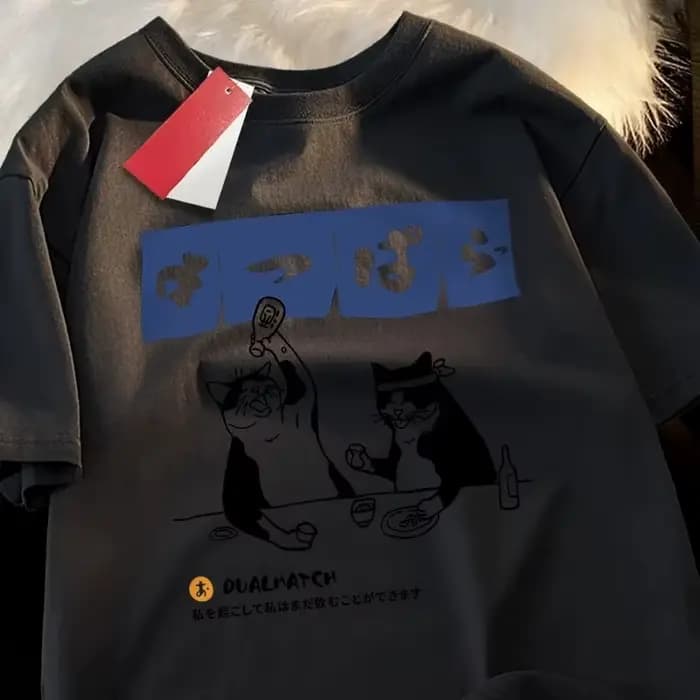 Harajuku japonais chat boire haut femmes col rond T-shirt Streetwear été vêtements Hip Hop sport