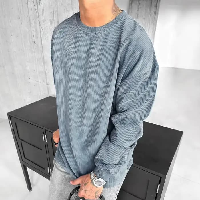 Nouveau pull décontracté en velours côtelé à col rond et couleur unie pour homme