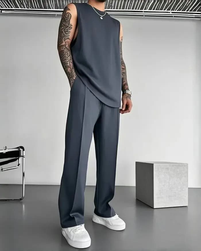 Combinaison de sport sans manches pour hommes, pantalon décontracté de couleur unie, vêtements pour