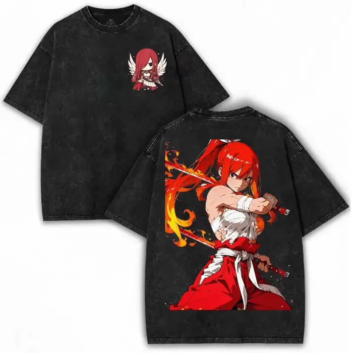 T-shirt vintage délavé à imprimé graphique Fairy Tail Erza Scarlet pour hommes et femmes